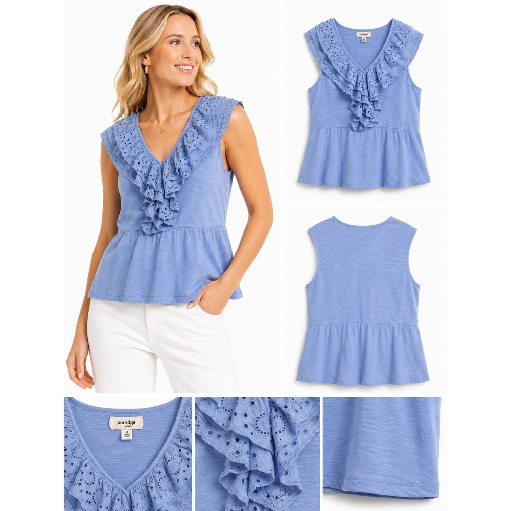 Porridge Clothing Top M Eyelet Ruffle Peplum V-Neck Boho Cottagecore Romantic